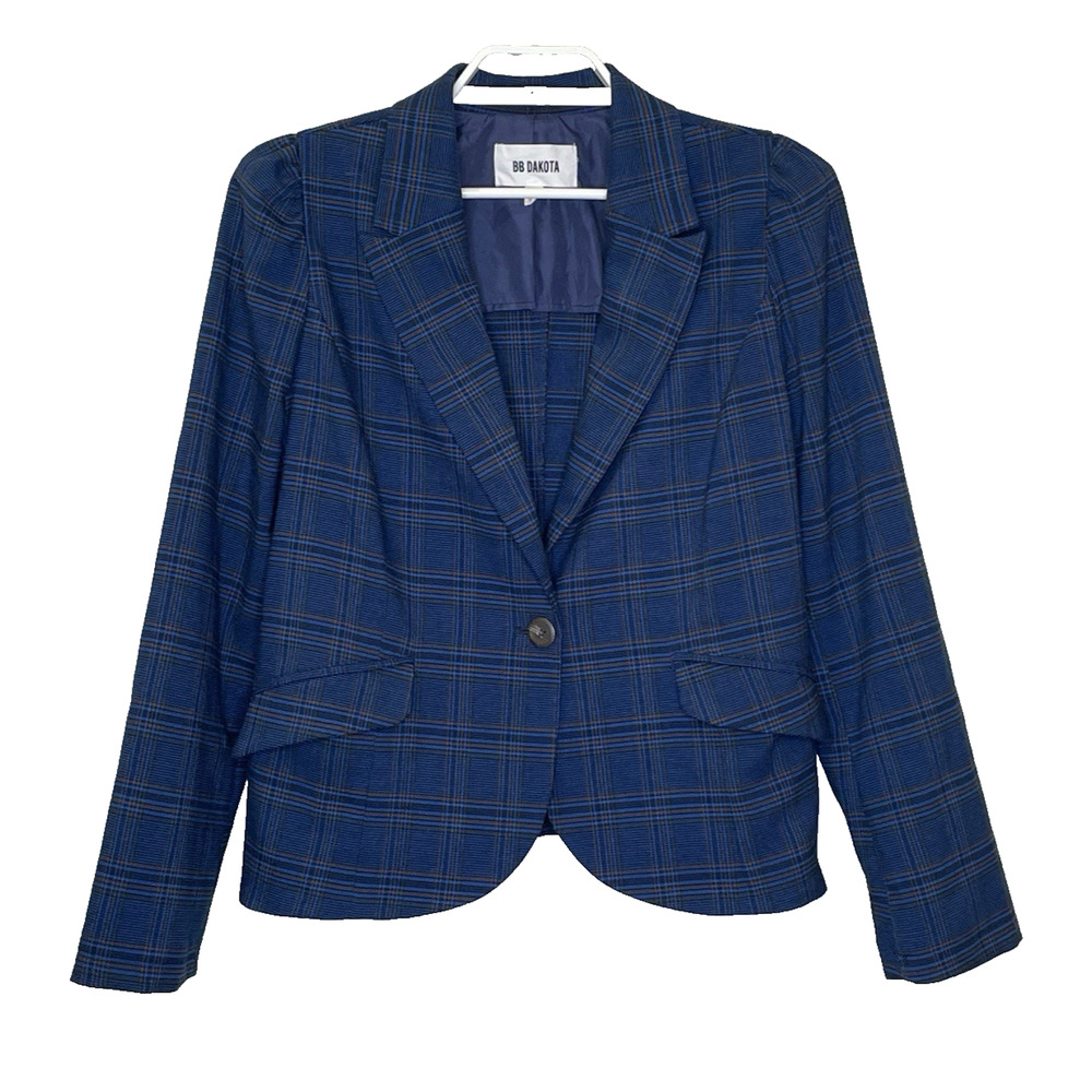 BB Dakota Blazer Jacket Womens Sz Medium Blue Plaid Long Sleeve 1 Button Pockets